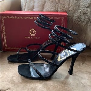 Rene Caovilla Black Snake Sandals Heels 37.5 7